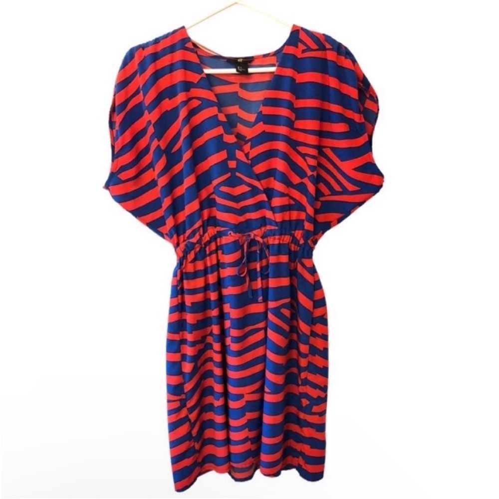 SALE H&M Red & Blue Stripe V-Neck Kimono Sleeve Mini Dress Party Dopamine Size 6